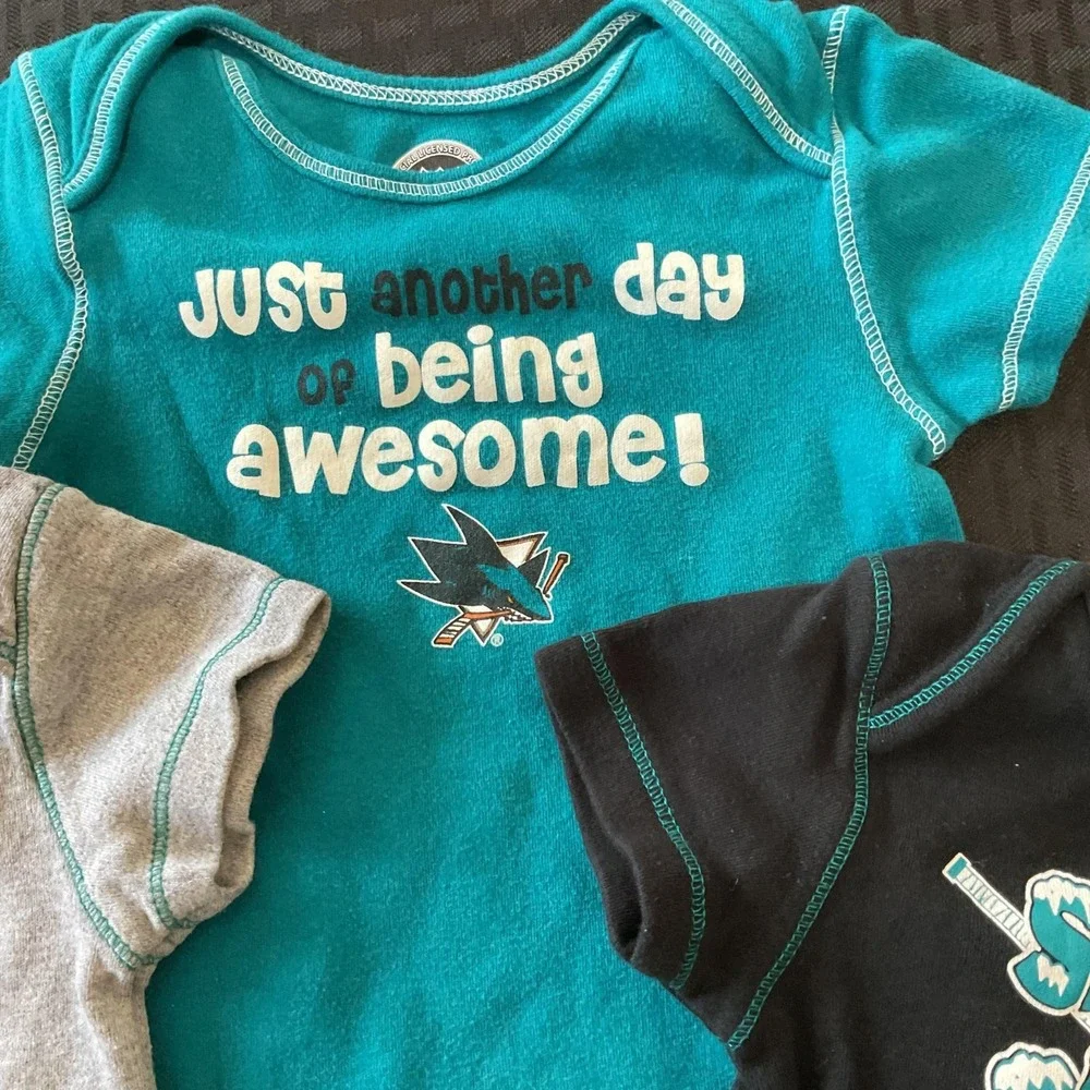 Lot of 3 San Jose‎ Sharks Bodysuit Shirts Boys 9-12 Months NHL Hockey One-piece